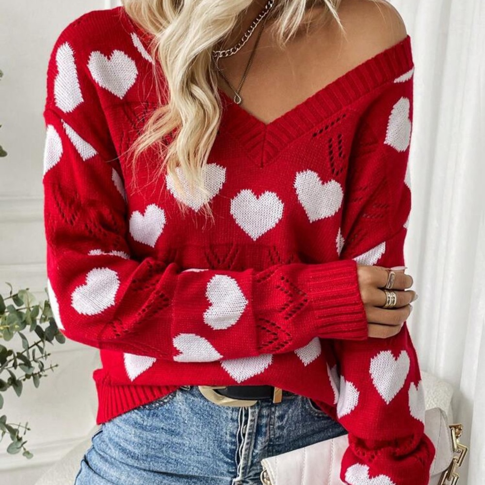Cozy Red Heart Print Sweater Top S M L